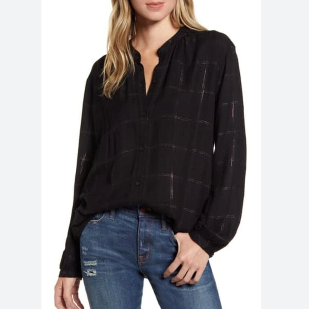 Rails Black and Gold Eloise Windowpane Check Woven Top in Coal Tinsel Size Small